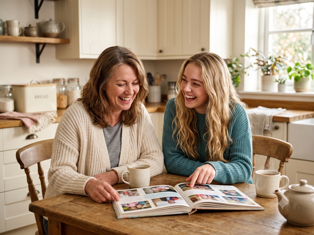 A mother and daughter smiling together over a photo album in the kitchen